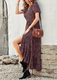 Floral V Neck Short Sleeve Midi Dresses