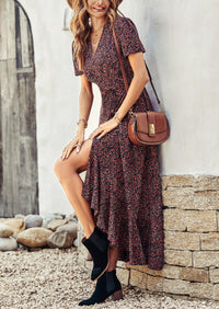 Floral V Neck Short Sleeve Midi Dresses