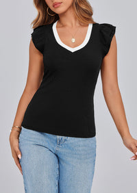 V Neck Ruffle Sleeveless Slim Fit Casual T-shirts