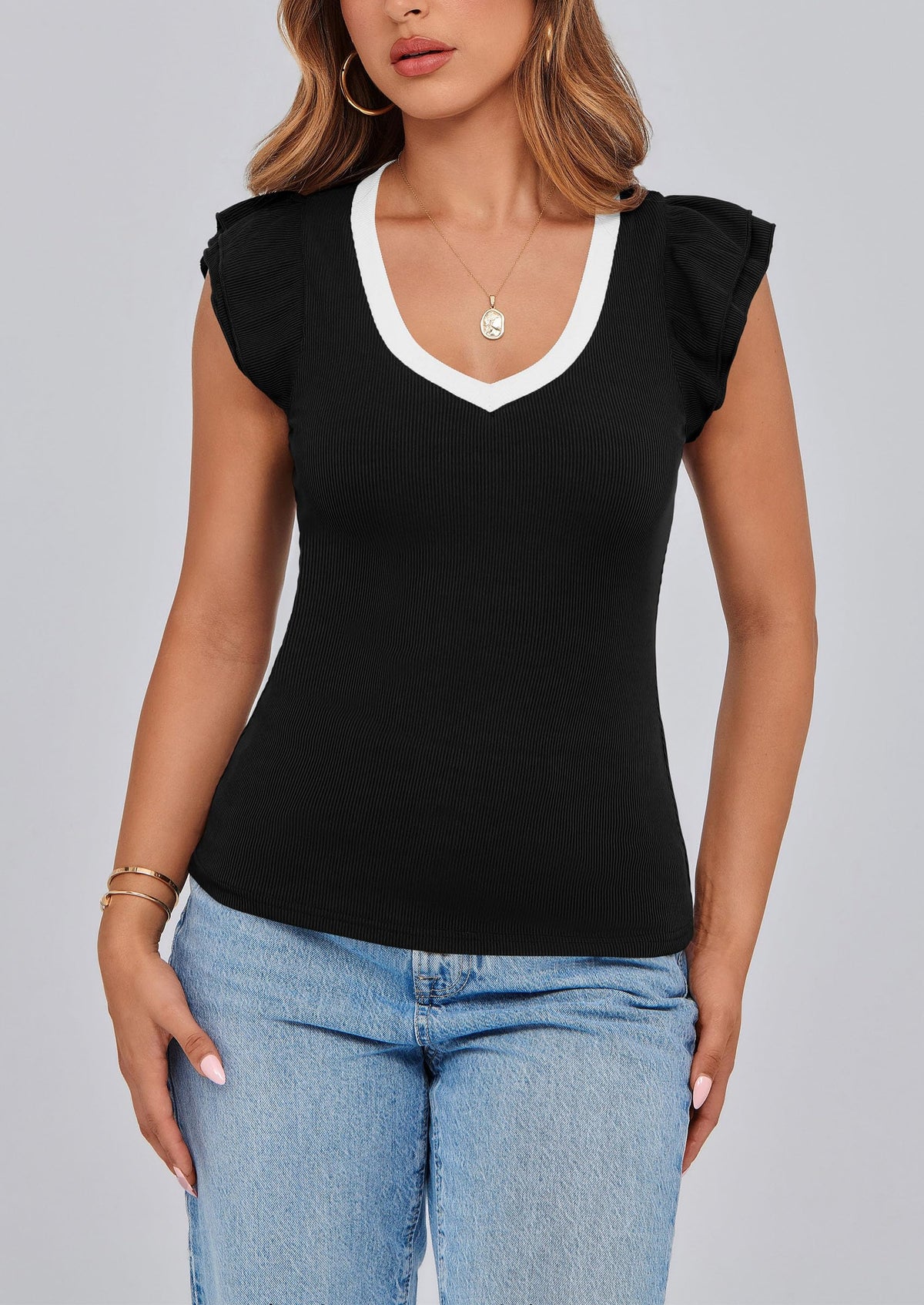 V Neck Ruffle Sleeveless Slim Fit Casual T-shirts