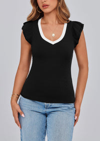 V Neck Ruffle Sleeveless Slim Fit Casual T-shirts