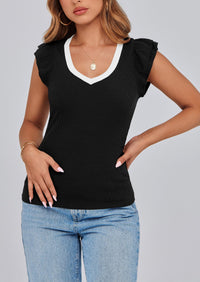 V Neck Ruffle Sleeveless Slim Fit Casual T-shirts