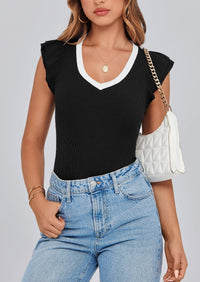 V Neck Ruffle Sleeveless Slim Fit Casual T-shirts
