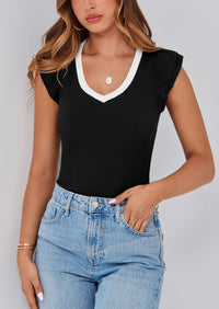 V Neck Ruffle Sleeveless Slim Fit Casual T-shirts