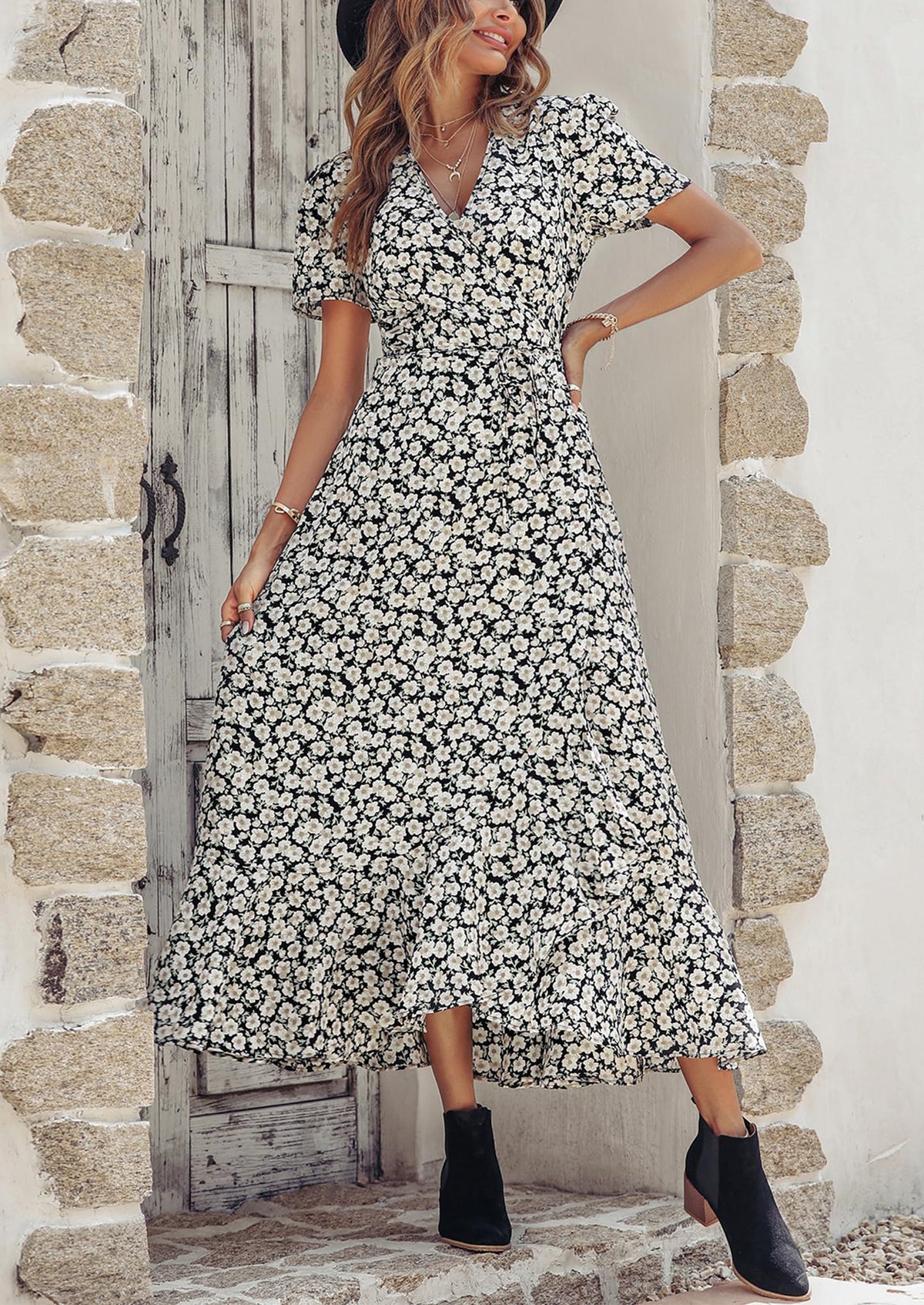 Floral V Neck Short Sleeve Midi Dresses