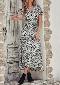 Floral V Neck Short Sleeve Midi Dresses