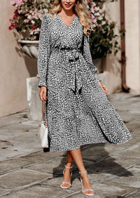 Long Sleeve V Neck Ruffle Belted Boho Dresses