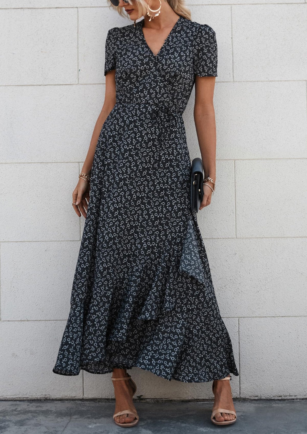 Floral V Neck Short Sleeve Midi Dresses