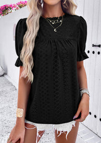 Casual Crew Neck Ruffle Short Sleeve Eyelet Babydoll Blouse