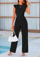 Casual Ruffle Cap Sleeves Crew Neck Rib Knit Jumpsuits