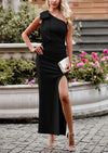 PRETTYGARDEN Summer One Shoulder Long Formal Women's Dress Sleeveless Ruched Bodycon Wedding Guest Slit Maxi Dresses