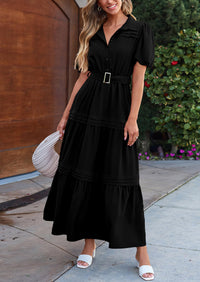 Puff Short Sleeve Lapel V Neck Tiered A-Line Flowy Party Dresses With Belt