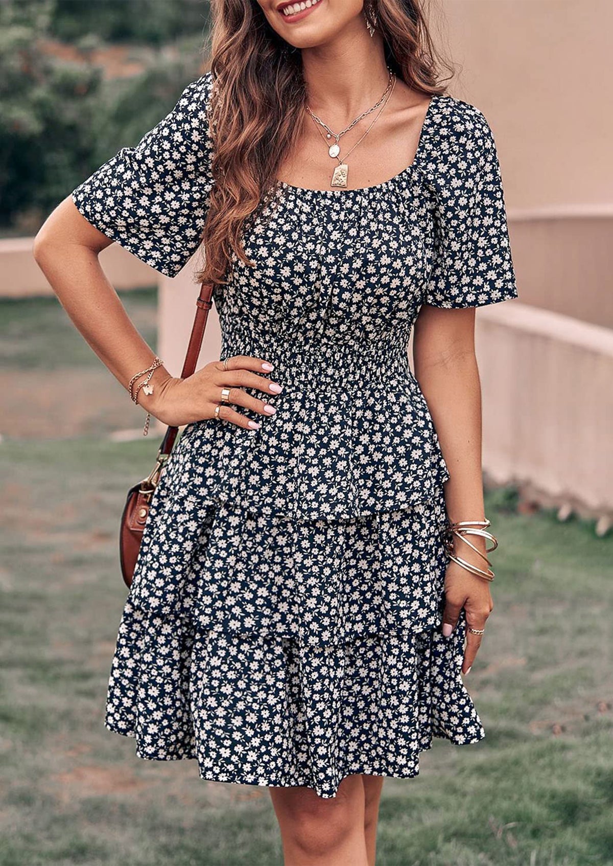 Floral Square Neck Short Sleeve Tiered Ruffle Boho Dresses
