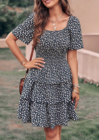 Floral Square Neck Short Sleeve Tiered Ruffle Boho Dresses