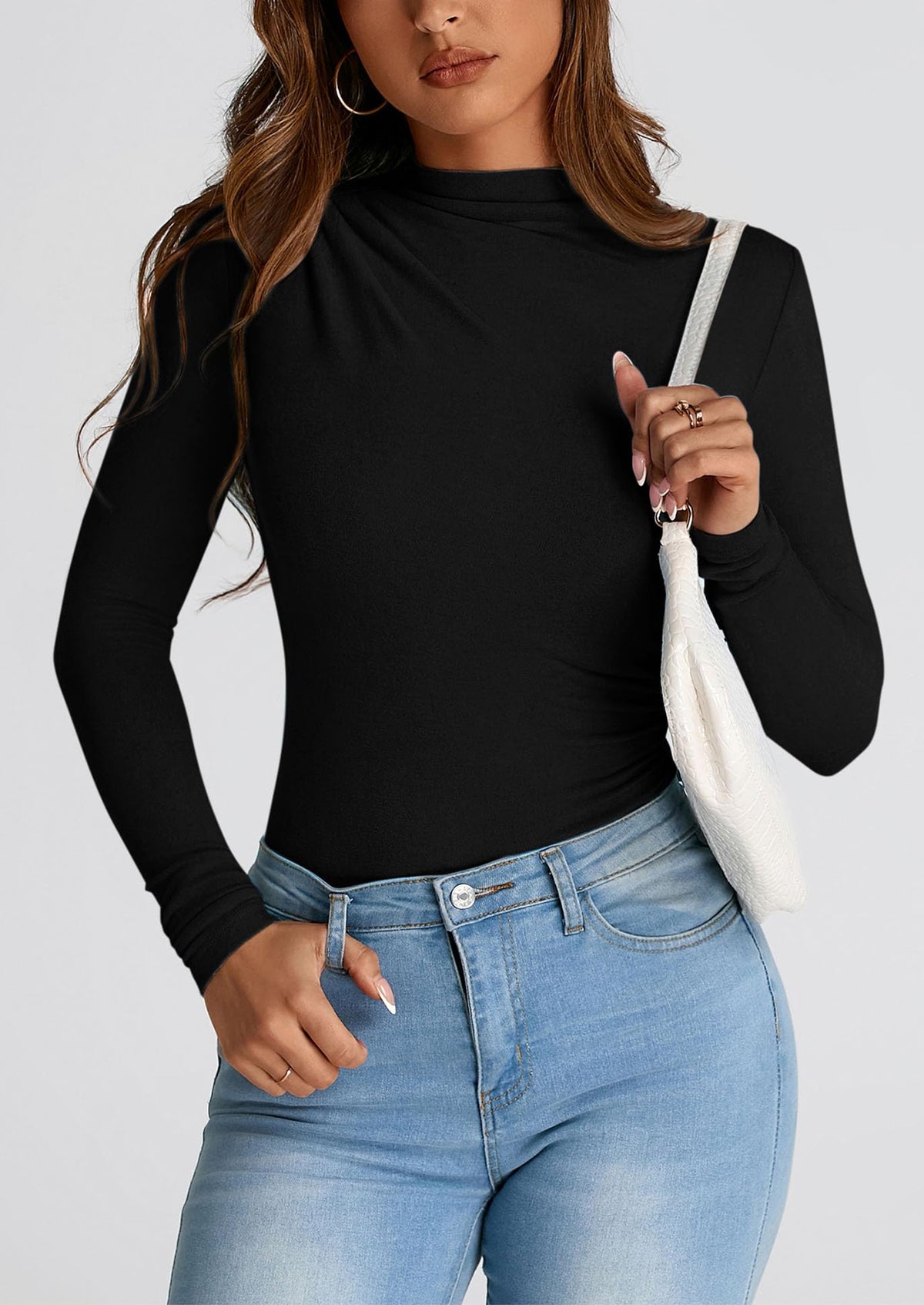 Y2K Long Sleeve Mock Neck Ruched Slim Fitted Casual Blouses
