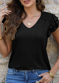 Casual Ruffle Short Sleeve V Neck T-shirts