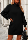 PRETTYGARDEN Sweater Dress for Women Long Puff Sleeve Turtleneck Ribbed Knit Oversized Pullover Winter Short Dress