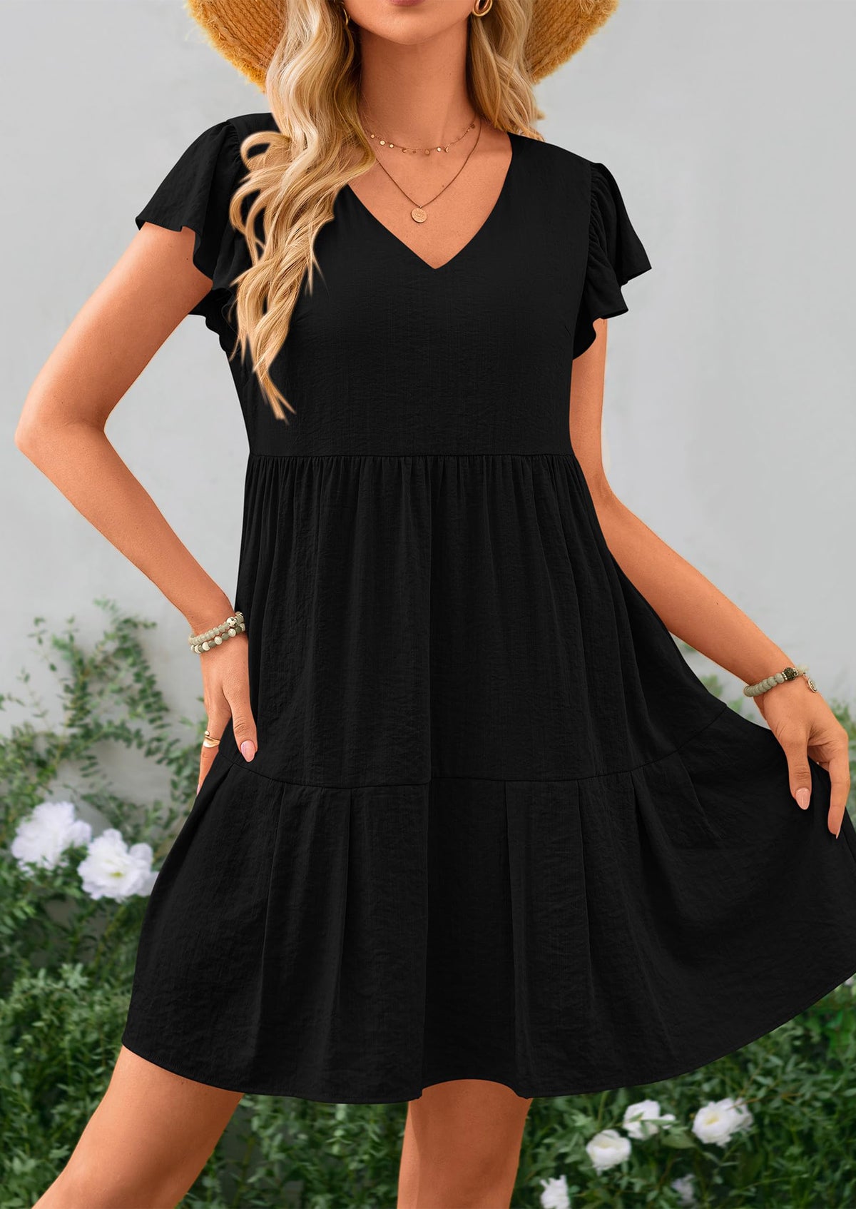 Casual Cap Sleeve V Neck Tiered Ruffle Swing A Line Dresses