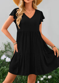 Casual Cap Sleeve V Neck Tiered Ruffle Swing A Line Dresses