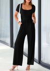 PRETTYGARDEN Casual Short Sleeve Square Neck Wide Leg Jumpsuit Rompers