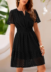 V Neck Short Sleeve A Line Hollow Out Lace Ruffle Casual Beach Party Mini Dresses