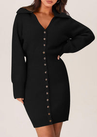 Long Sleeve V Neck Button Down Knit Pullover Sweater Dresses