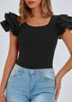 Ruffle Short Sleeve Casual Basic Fitted Crew Neck T-shirts