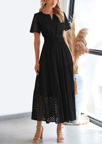 Short Sleeve V Neck Hollow Out Eyelet A Line Long Beach Maxi Dress