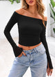 Long Sleeve Casual Off Shoulder Ruched Mesh Slim Fit Going Out Blouses