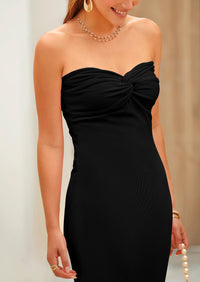 Strapless Tube Twist Knot Front Ribbed Knit Elegant Bodycon Maxi Dresses With Slit