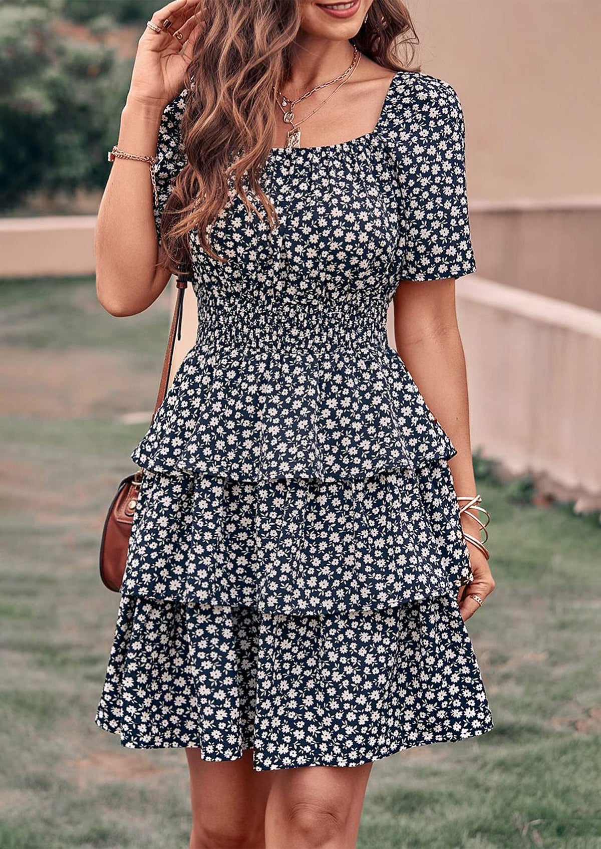 Floral Square Neck Short Sleeve Tiered Ruffle Boho Dresses