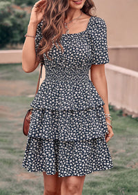 Floral Square Neck Short Sleeve Tiered Ruffle Boho Dresses