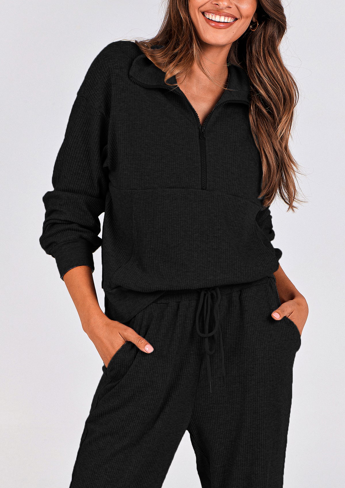 Two piece long sleeved half zip pullover sweatshirt, sports pants, casual set
