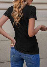 Short Sleeve V Neck Button Ribbed Knit T-shirt