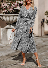 Long Sleeve V Neck Ruffle Belted Boho Dresses