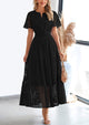 Short Sleeve V Neck Hollow Out Eyelet A Line Long Beach Maxi Dress