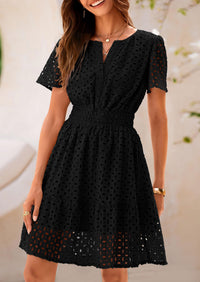 V Neck Short Sleeve A Line Hollow Out Lace Ruffle Casual Beach Party Mini Dresses