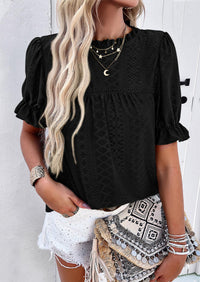Casual Crew Neck Ruffle Short Sleeve Eyelet Babydoll Blouse