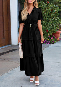 Puff Short Sleeve Lapel V Neck Tiered A-Line Flowy Party Dresses With Belt