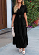 Puff Short Sleeve Lapel V Neck Tiered A-Line Flowy Party Dresses With Belt
