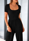 PRETTYGARDEN Casual Short Sleeve Square Neck Wide Leg Jumpsuit Rompers