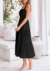 Smocked Ruffle A Line Long Flowy Sleeveless Beach Midi Dress