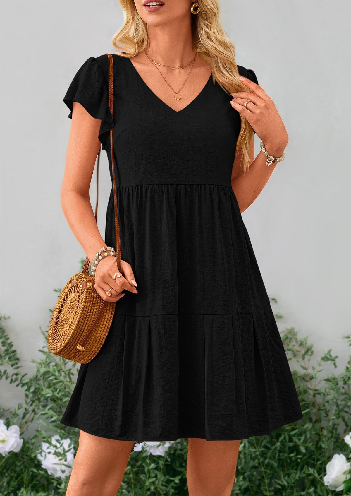 Casual Cap Sleeve V Neck Tiered Ruffle Swing A Line Dresses