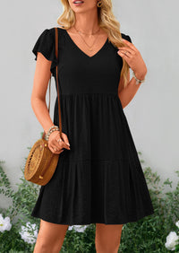 Casual Cap Sleeve V Neck Tiered Ruffle Swing A Line Dresses