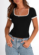 Casual Short Sleeve Ribbed Knit Square Neck Color Block Slim Fit Basic Crop T-shirts