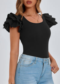 Ruffle Short Sleeve Casual Basic Fitted Crew Neck T-shirts