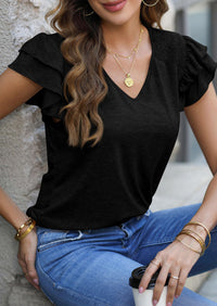 Casual Ruffle Short Sleeve V Neck T-shirts