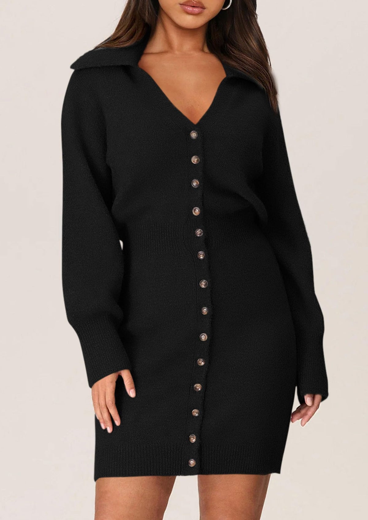 Long Sleeve V Neck Button Down Knit Pullover Sweater Dresses