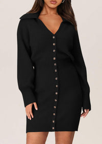 Long Sleeve V Neck Button Down Knit Pullover Sweater Dresses