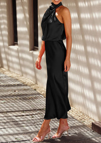 Satin sleeveless stand up collar party long dress